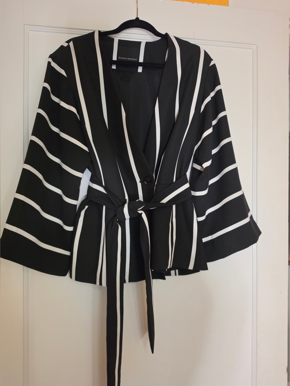 Banana Republic Black and White Striped Wrap Blazer